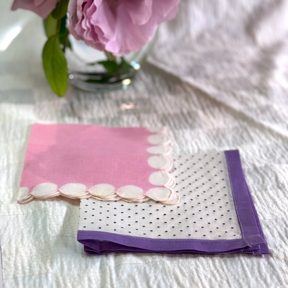 Set of 2 Handkerchiefs Polka Dot Hemstitch Border Pink Purple Cotton Handmade